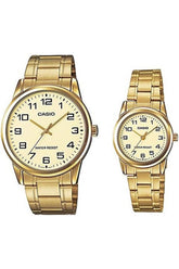 His & Her Gold Dial Stainless Steel Band Couple Watch - MTP/LTP-V001G-9BUDF