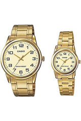 His & Her Gold Dial Stainless Steel Band Couple Watch - MTP/LTP-V001G-9BUDF